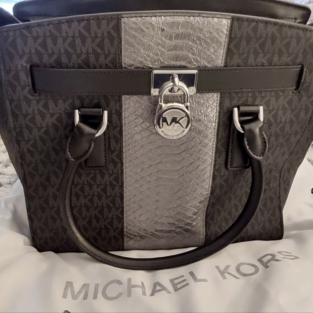 Michael Kors Collection Black and Silver Signature Tote with MK Medallion